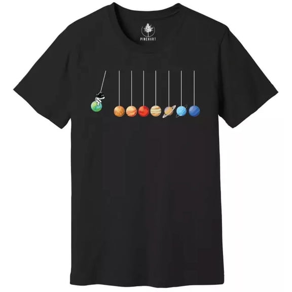 Funny Astronaut Solar System Newton's Cradle Graphic Tee - Science Physics Astronomy Space Planets Black Unisex Adult T-Shirt
