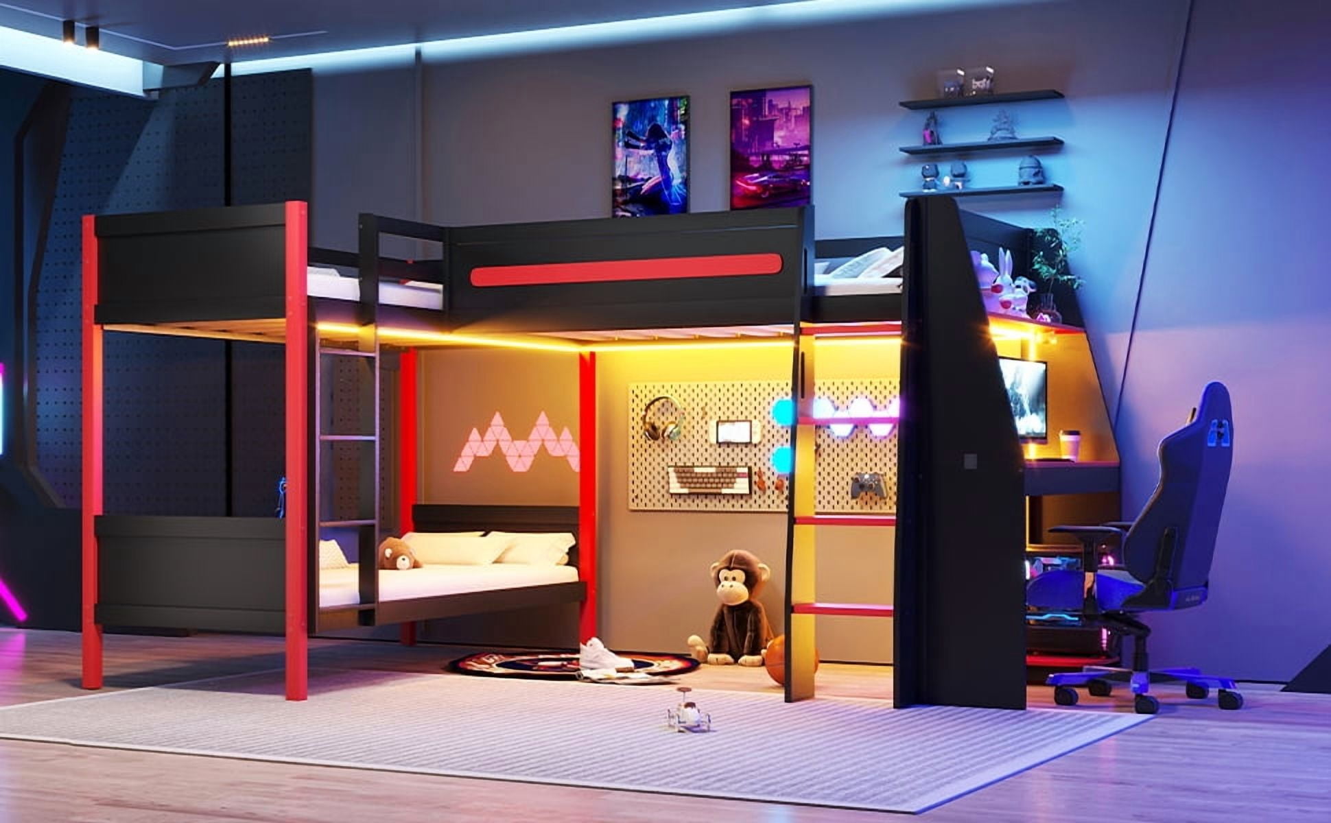 Mintazer L-Shaped Twin Bunk Bed with LED Lights & Desk and Storage Shelves, Gaming Triple Bunk Bed with Ladder & Guardrails for Dorm Bedroom, Black & Red