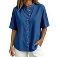 thumbnail image 4 of Zpanxa Womens Button Down Shirt Band Collar Short Sleeve Loose Fit Casual Solid Color Blouses for Summer, 4 of 9
