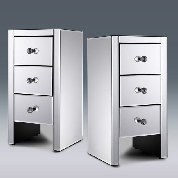 Jaxpety Set Of 2 Mirrored Nightstand 3 Drawer Crystal Accent Silver Side Table Walmart Com Walmart Com