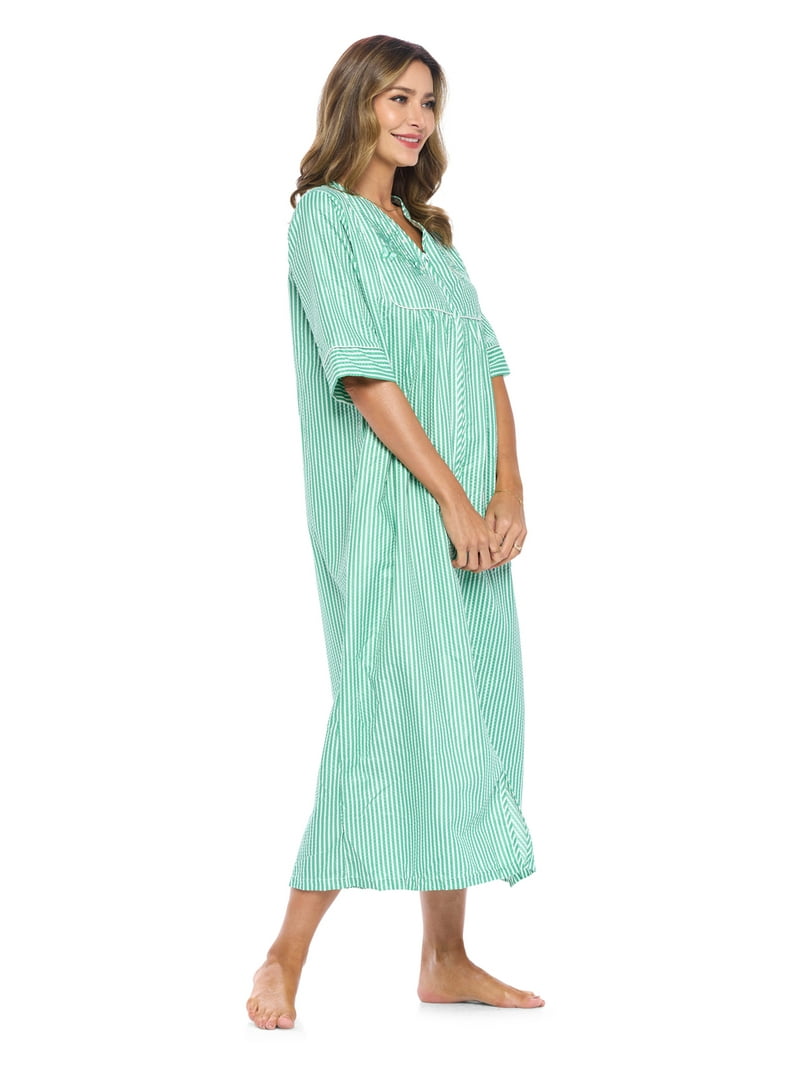 polyester house dress Casual Nights Women's Zippered Cotton-Polyester Housecoat with Pockets, 3/4  Sleeves Summer Lounger
