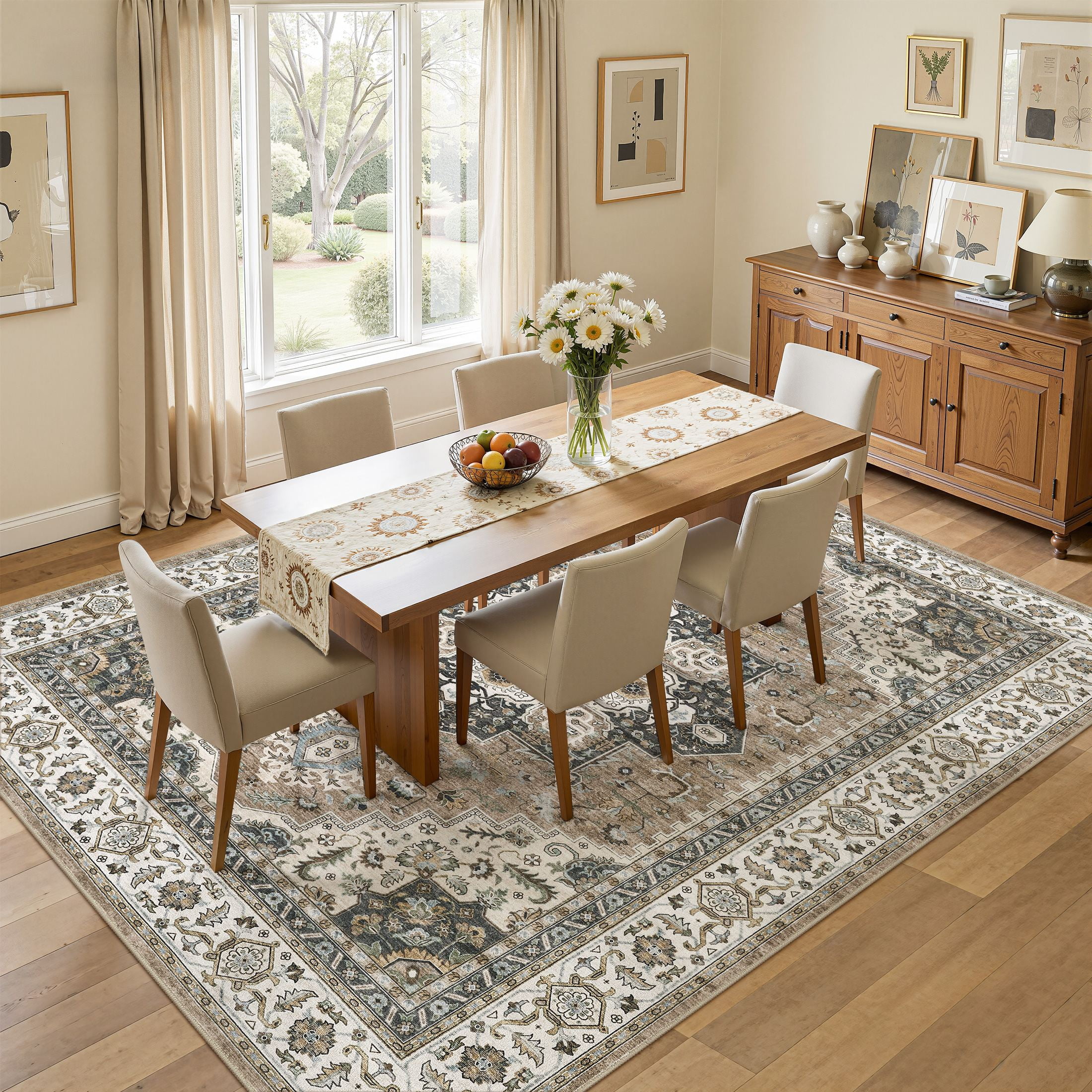 UERMEI 8'x10' Area Rugs for Living Room, Vintage Traditional Washable Rug for Bedroom Dining Room Home Office, Non-slip Floral Large Area Rug Decor Carpet, Brown Beige Rug