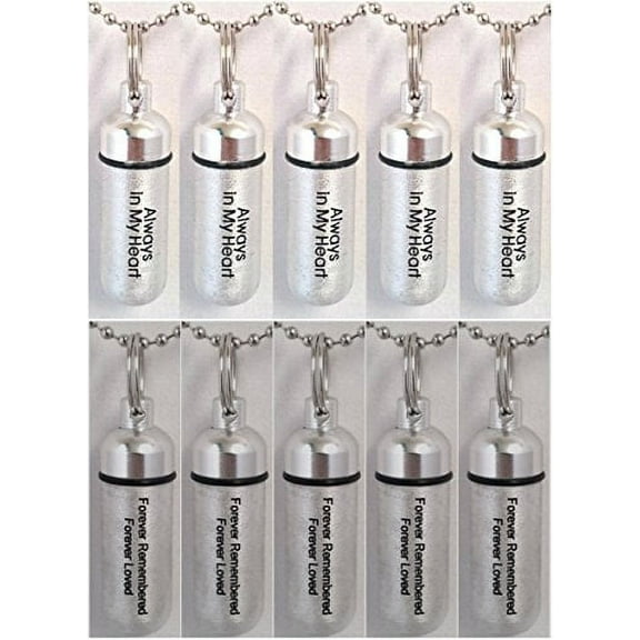 Wholesale Laser ENGRAVED CREMATION URNS "Always & Forever Set" of 10 - Brushed Silver CREMATION URN Keepsakes with ten 24" Ball Chains, Velvet Pouches & Fill Kit