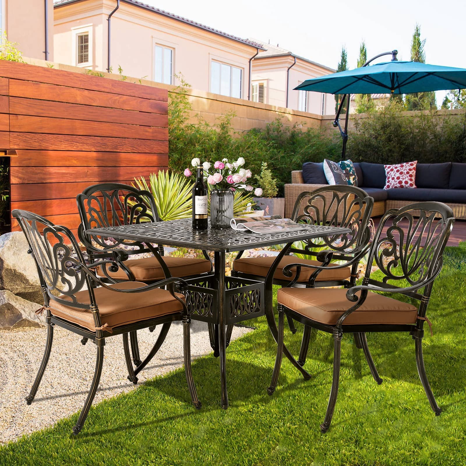 W WARMHOL 5-Piece Outdoor Patio Dining Set, All-Weather Cast Aluminum Patio Furniture Set for Backyard Garden Deck with 4 Chairs, 4 Cushions and 35.4” Square Table, 2.2" Umbrella Hole
