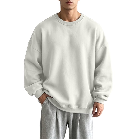 Lenpel Oversized Sweatshirts for Men Fall Long Sleeve Crew Neck Basic Pullover Tops Casual Loose Athletic Workout Shirts(White,X-Large)