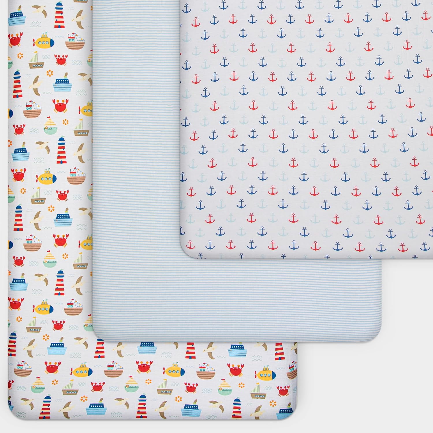 GROW WILD Fitted Nautical Crib Sheets (3 Pack) - Jersey Knit Cotton Boys Crib Sheets - 52”x28”x9”