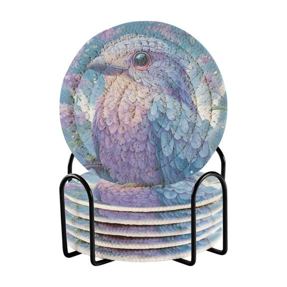 Haosy Set of 6 Drink Woven Coaster with Holder Heat Resistant Non-Slip Bar Coasters 4 Inches Blue Purple Bird and Flower