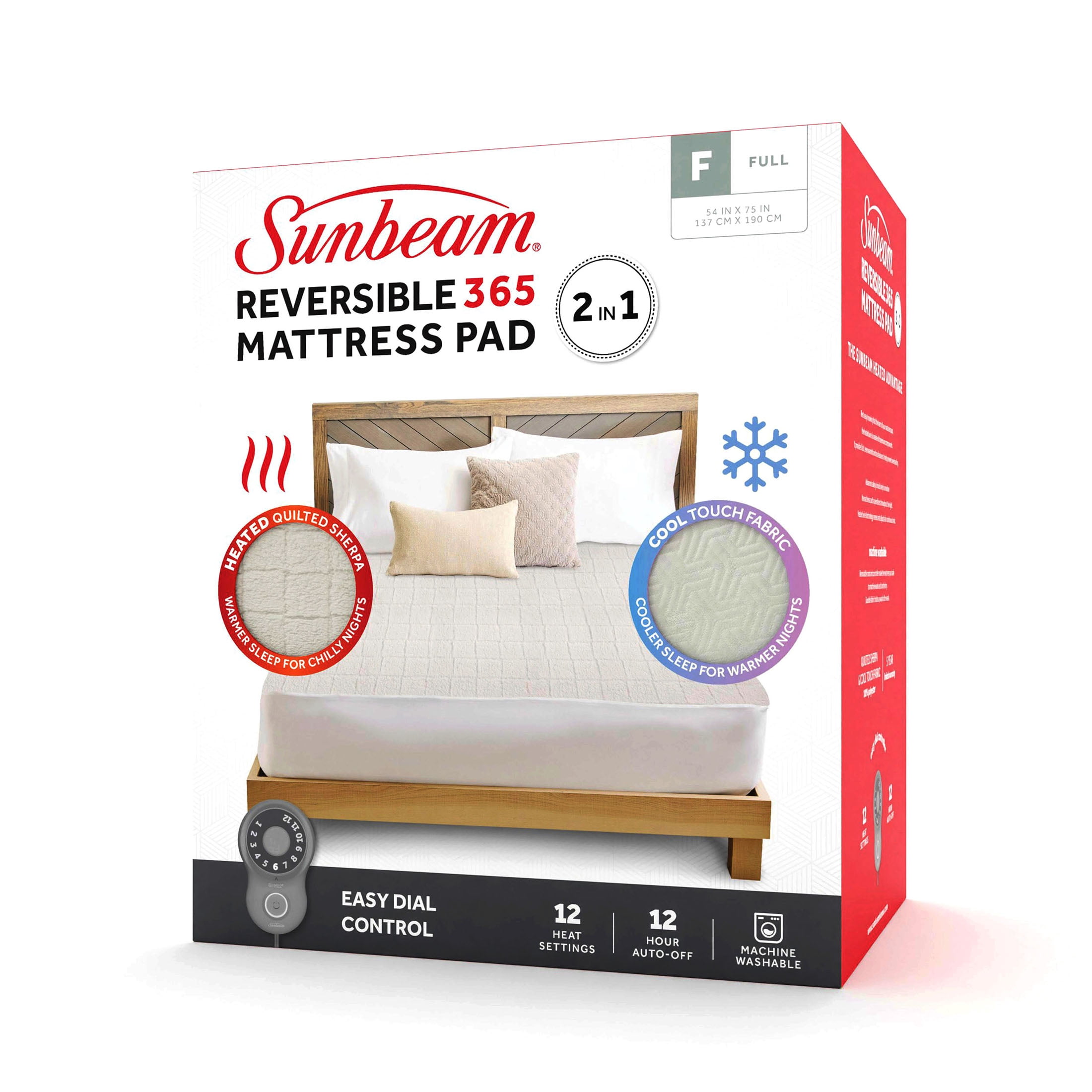 Sunbeam 2-in-1 Reversible 365 Electric Heated and Cooling Mattress Pad Full Size, 54" x 75", 12 Heat Settings, 12-Hour Auto Shut-Off, Cool Touch Fabric, Machine Washable, Warm, Cozy and Comfortable