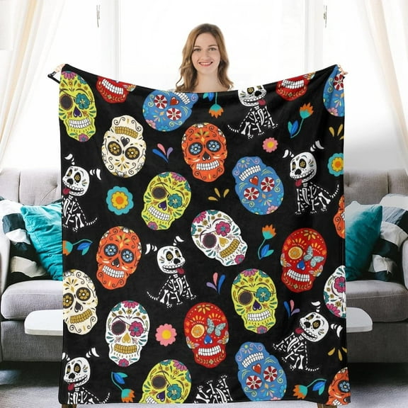 Throw Blanket Sugar Skull Blanket Halloween Day of The Dead Home Decor Flannel Fleece Dog Throw Blanket Warm Soft Bed Couch for Kids Adults 60×50