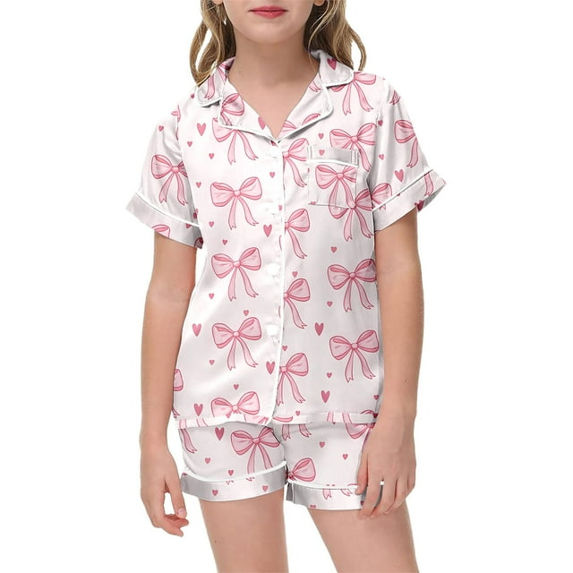 Girls Loose Fit Short Sleeve Pajama Set with Decorative Bow Two Piece Sleepwear for Comfortable Nights
