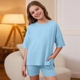 thumbnail image 2 of Yuncity Toddler Girls Outfits Summer Crew Neck Short Sleeve Casual Two Piece Loose Shirt And Cycling Shorts Cozy Sets Size 11-12 Years Blue, 2 of 4