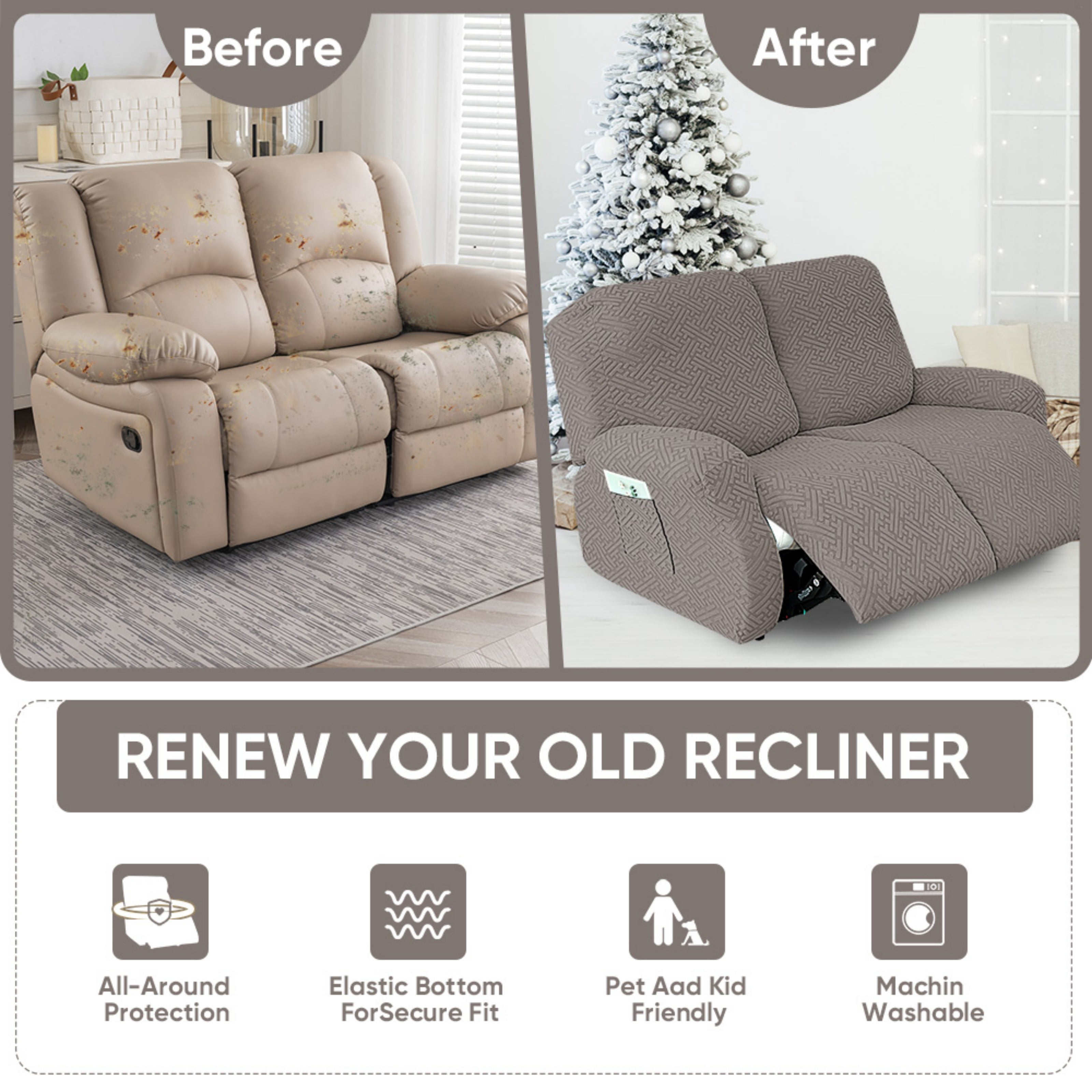 Lavish Cover Stretch Recliner Loveseat Cover, Non-Slip Slipcovers for Recliner Loveseat, Washable Furniture Protector with Pocket & Elastic Bottom for Kids Pets, 2 Seaters, Gray Green