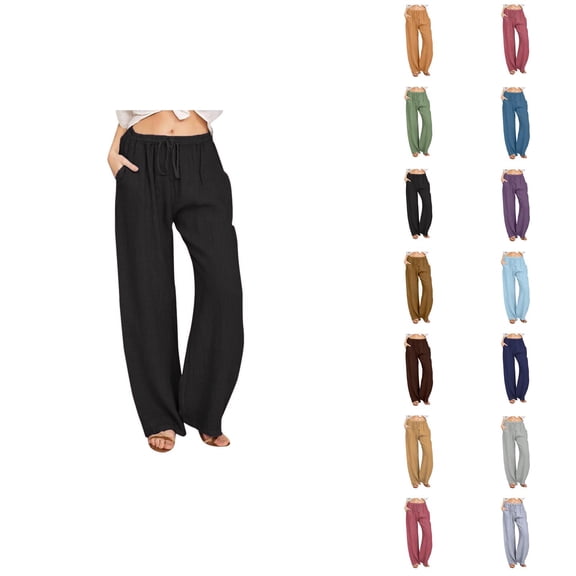 Lounge Pants Women Spring Summer Elastic Waist Wide Straight Leg Loose Casual Cotton Linen Pants with Pockets