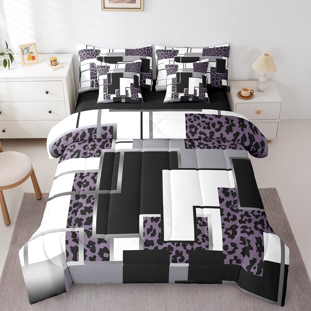 YST Girls Geometric Cheetah Print Comforter Set With Sheets 7 Piece Queen,Abstract Grids Bedding Set Wildlife Leopard Bed In A Bag Animal Buffalo Check Bed Set Purple Black Grey