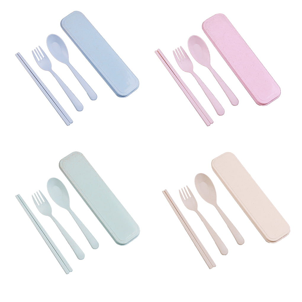 Students Reusable Tableware Kit Wheat Straw Cutlery Fork Chops Spoon Storage Box 