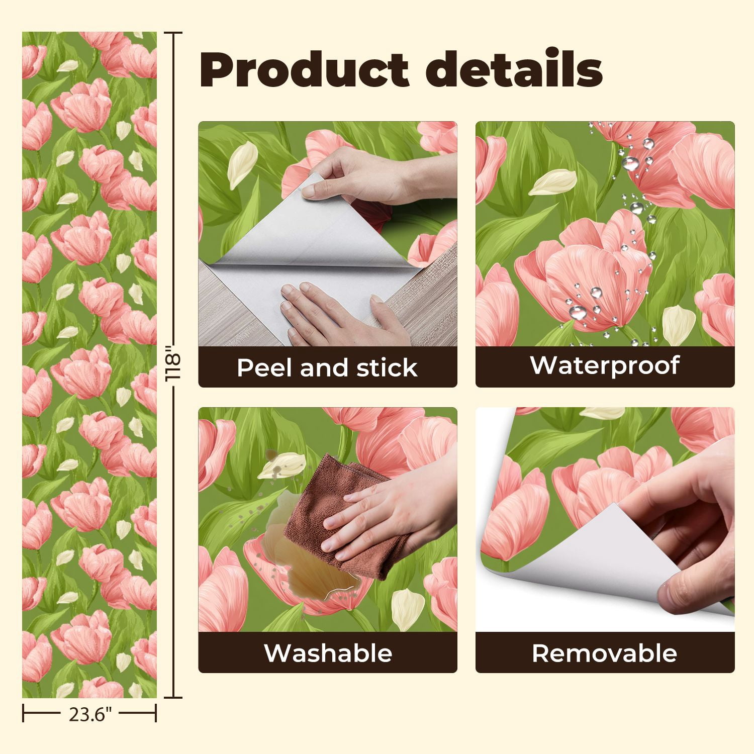 Sage Green Peel and Stick Wallpaper Pink Tulip Floral Green Soft Green Leaves Petals Wall Mural 23.6in x 9.8ft Self Adhesive Removable Wall Paper Renter Friendly Wallpaper for Girls Bedroom