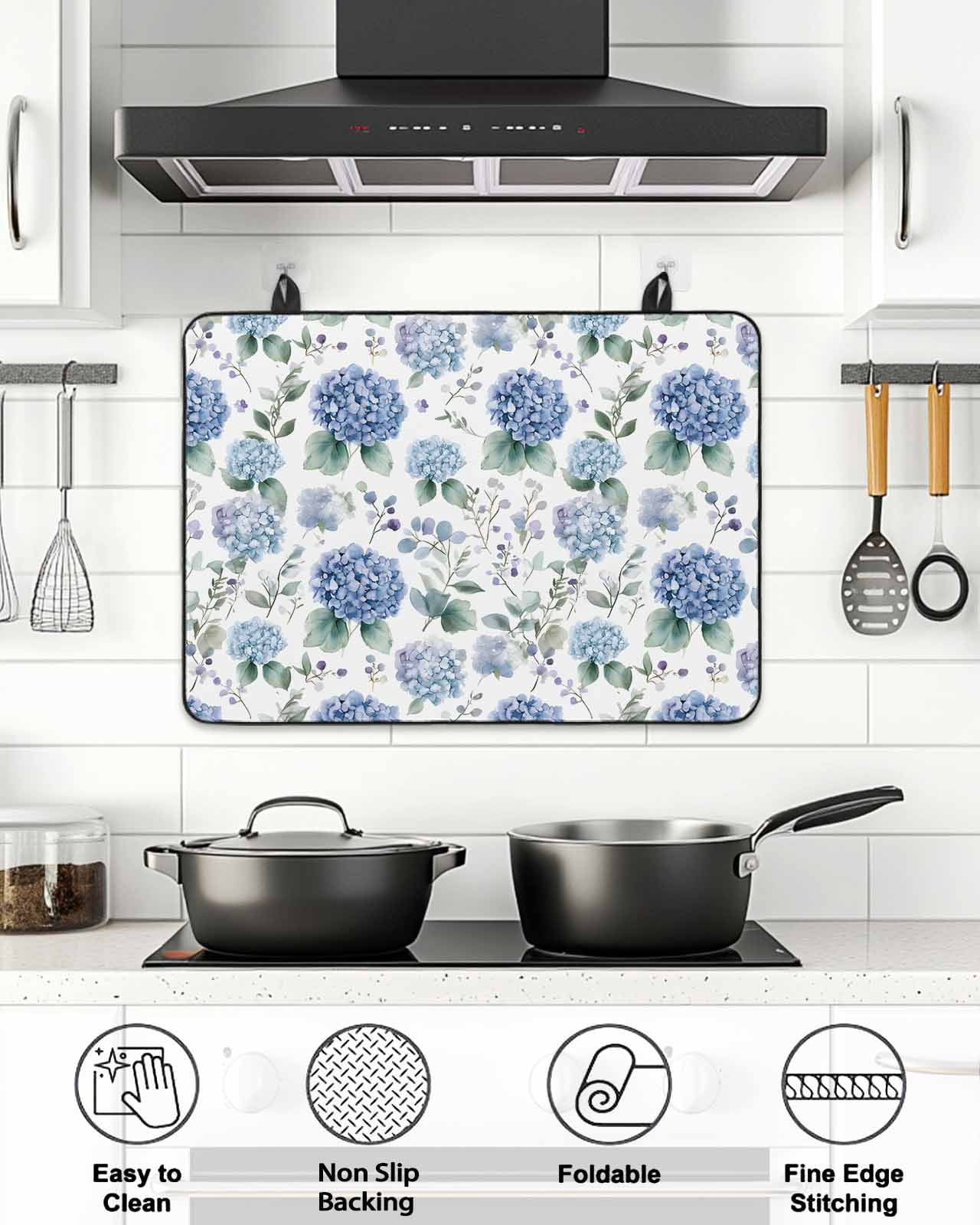 Stove Top Covers for Electric Stove, Blue Spring Floral Glass Stovetop Cover Protector, Watercolor Botanical Elegant Induction Cooktop Protector Oven Mat for Kitchen Countertop 24"x21"