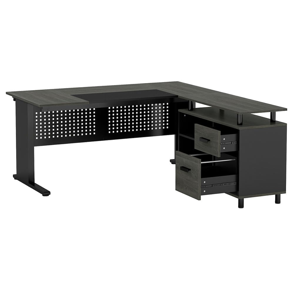 Barara King Home Office Desk, Computer Desk,Industrial L-Shaped Desk, 63" Computer Executive Desk with File Cabinet, Gray & Black