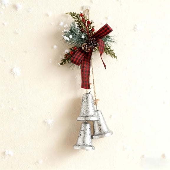 YUSAZENS Set of 3 Bronze Christmas Bells Hanging Ornament with Burgundy Bow Pine Greenery, Vintage Rustic Xmas Decor for Front Door Wall Mantel Holiday Home