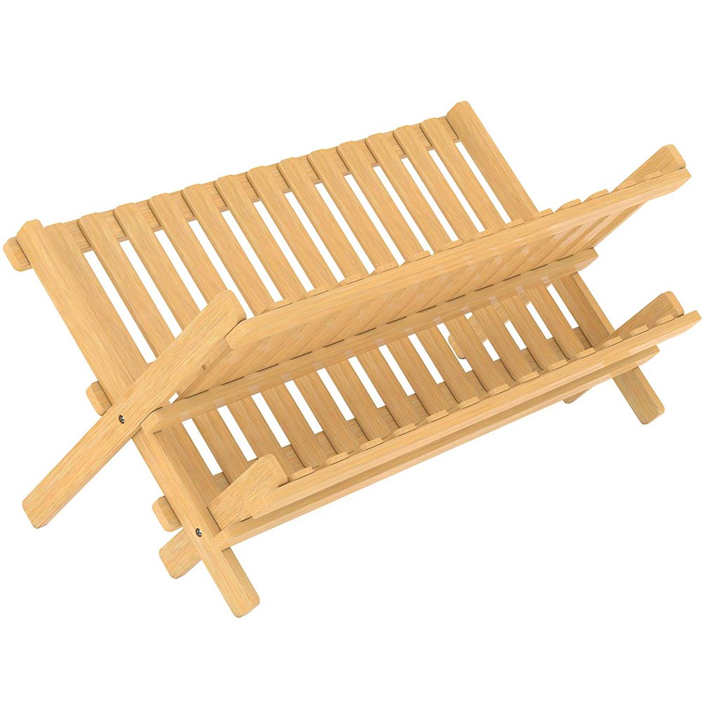 Greenco Premium Bamboo Dish Drying Rack, Collapsible, 2 Tier, 14 Slots