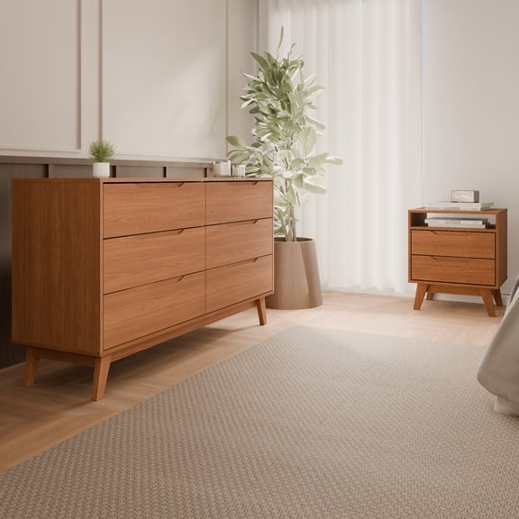 Kappesberg Bedroom Furniture Set with 6-Drawer Dresser and 2-Drawer Nightstand Golden Oak – Modern Storage Combo