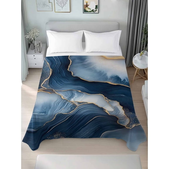 Navy Blue Marble King Size Flat Sheet, Wrinkleproof & Fadeproof Cooling Flat Bed Sheet Only, Modern Ink Painted Artwork Breathable Soft Bedding Top Sheets 105 x 98 Inches