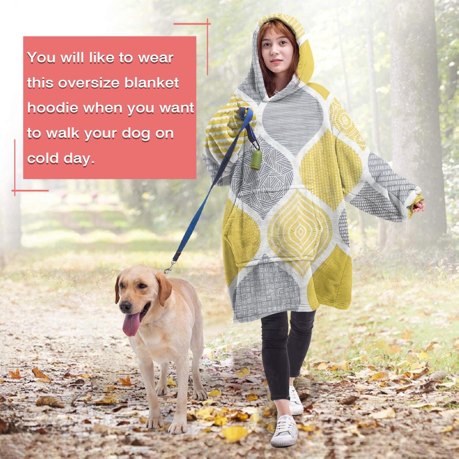 Wearable Oversized Blanket,Yellow and Gray Geometric Quatrefoil Pattern Wearable Blanket Hoodie for Adults,Cozy Hooded Blankets with Super Pockets,Super Warm Fuzzy Pullover for Women & Men