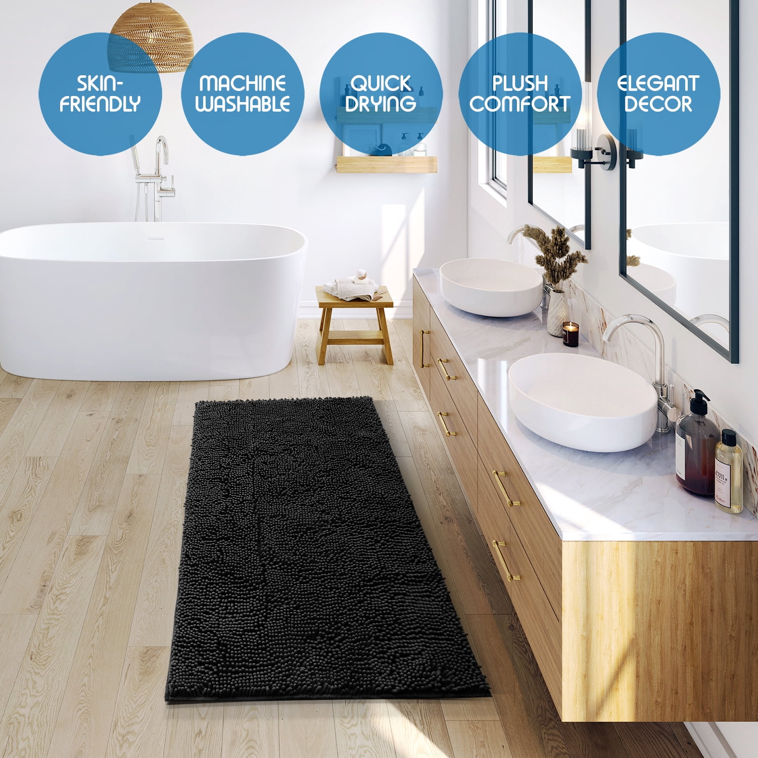 Nestl Bathroom Rugs, Machine Washable Bath Mats For bathroom Floor Rugs, Nonslip Backing Rubber Bath Rug, Black