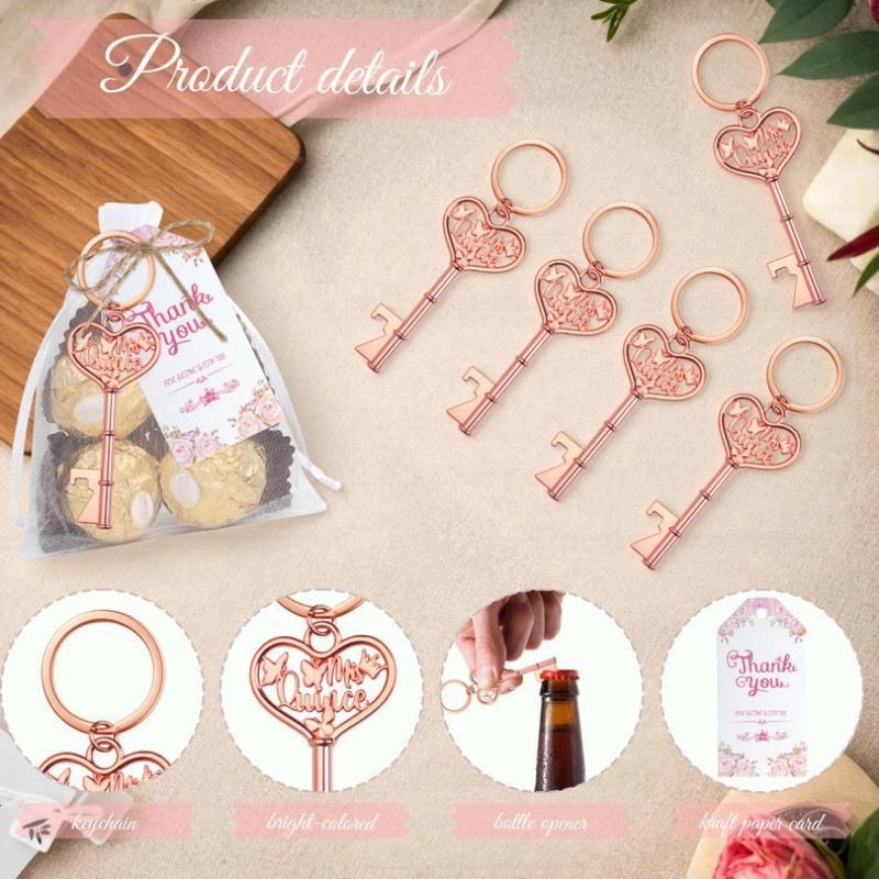 96 Pcs Rose Gold Bottle Opener Keychain Party Favors Set, Wedding Bridal Shower Quinceanera Favors for Guests, Heart Key Bottle Opener with Thank You Tags Organza Bags Gift Pack