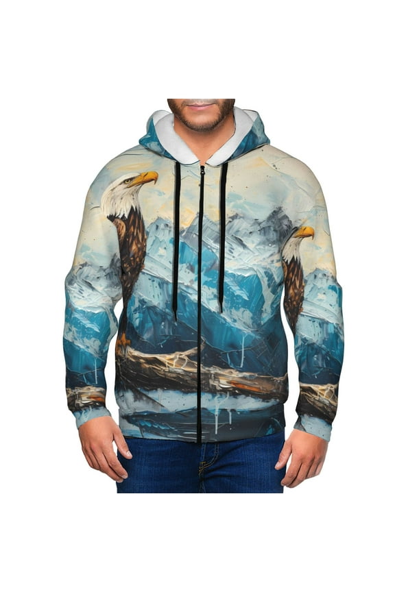 Iceberg Bald Eagle Print Men Hoodies Casual Hoodies for Men with Zip Pockets Full Zip Long Sleeve Sweatshirt Sports Hooded Jacket-Medium