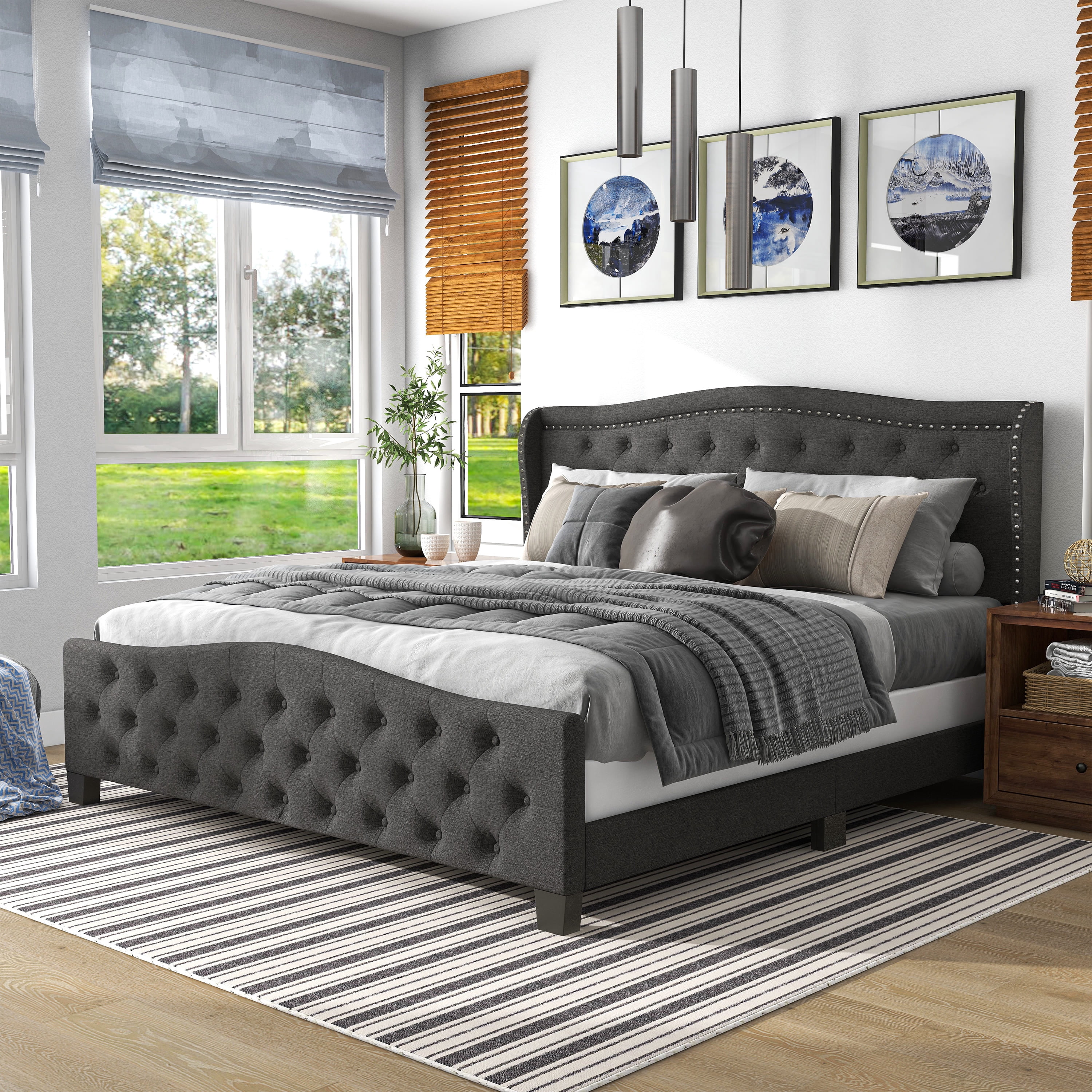 Furniture of America Hillcrest Fabric Tufted Bed, Dark Gray, Full