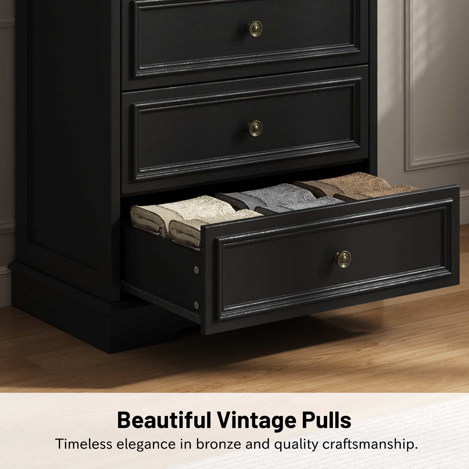 5 Drawer Dresser for Bedroom, Retro Wood Storage Cabinet with Antique Bronze Round Handles, Vintage Chest of Drawers with Solid Base for Living Room, Hallway, Entryway, Guest Room, Black