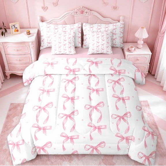 Manfei Pink Bowknot Girls Comforter Set 7-Piece,Princess Bow Bedding,All Season Cozy Quilt for Kids Bedroom,Aesthetic Room Decor,Twin Size,Pink Reversible