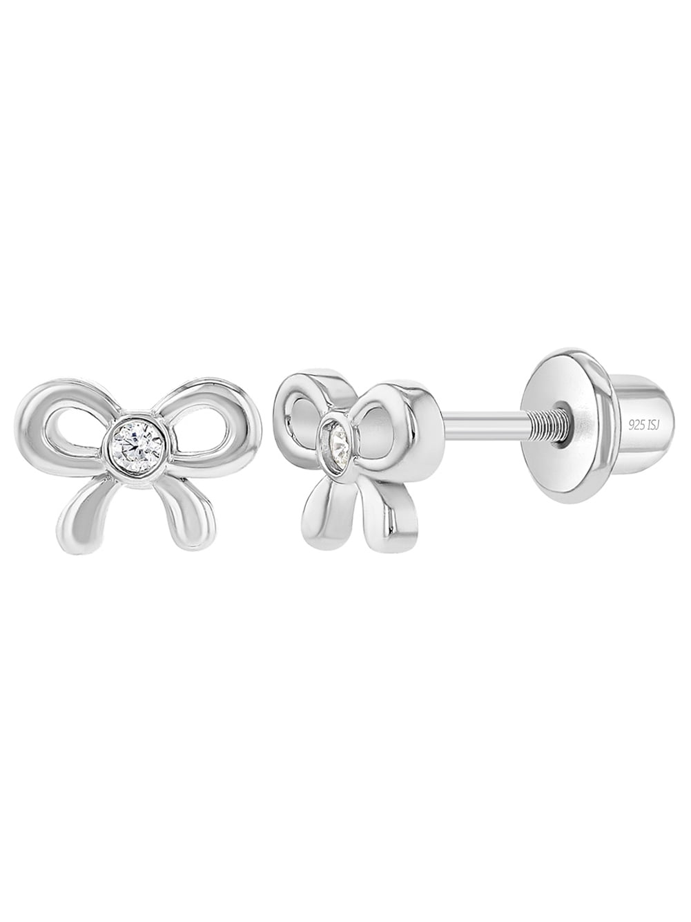 Delicate CZ Bow Baby / Toddler / Kids Earrings Screw Back - Sterling Silver