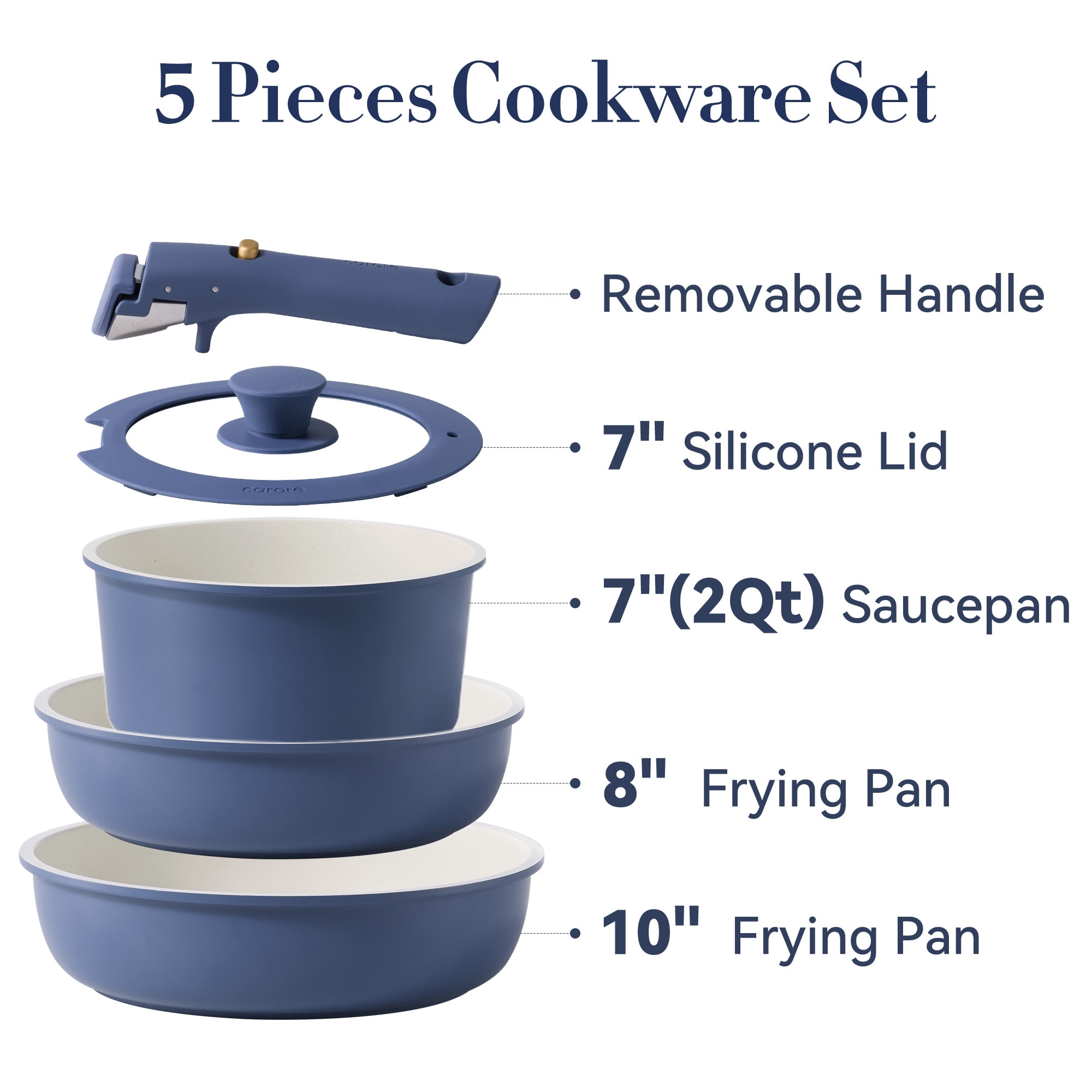 Carote 5 Pcs Pots and Pans Nonstick, Cookware Set with Detachable Handles, Oven Safe, Induction Ready, Stackable Kitchen Cooking Set, Navy Blue
