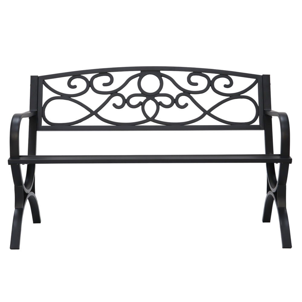 Abble Outdoor Steel Patio Bench, Cast Iron Scroll Back Garden Bench