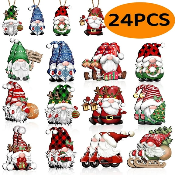BOPORO Christmas Gnome Ornaments Christmas Tree Decorations Wooden Ornaments for Crafts Holiday Decor Xmas Party Supplies 24Pcs