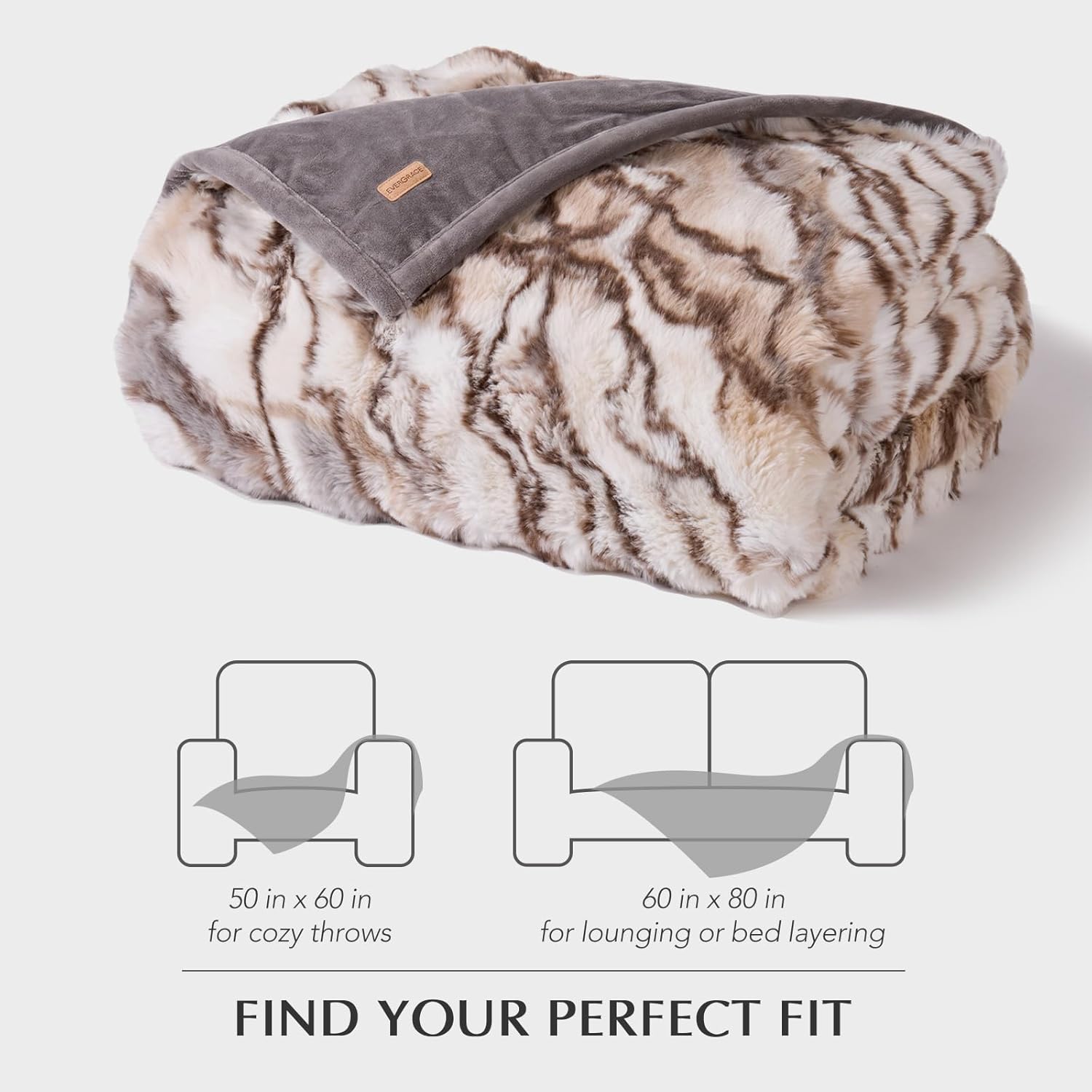 EVERGRACE Ultra Soft Luxury Fluffy Faux Rabbit Fur Throw Blanket, Thick Warm Bubble Throw for Bed, Cozy Plush Reversible Blankets for Couch, Chair, Sofa, Beige & Gray, 60x80 Inches, 870 GSM