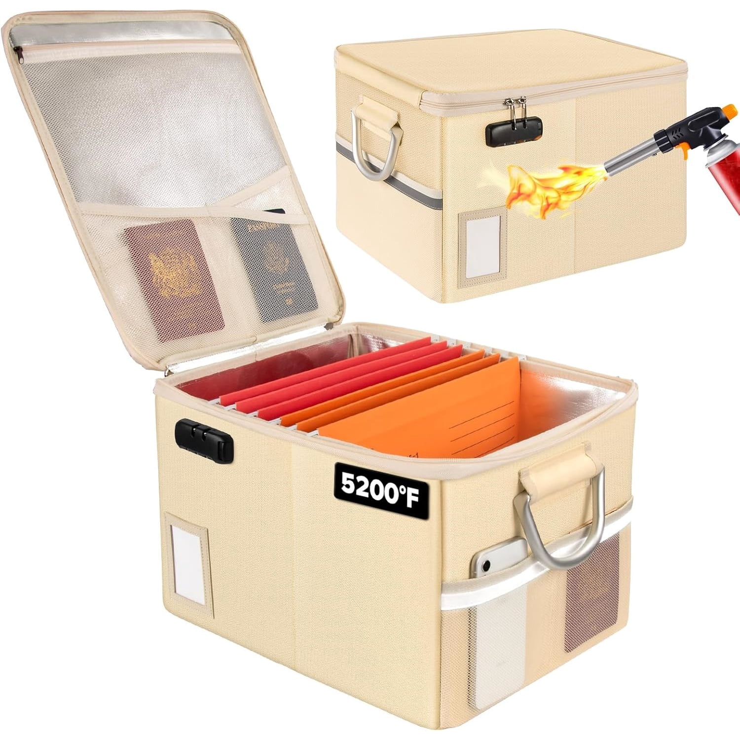 5200°F Fireproof Document Box, Fire Important Document Organizer with Lock, Upgraded Heat Insulated Filing Storage Cabinet Office Organization (5200°F Fireproof Box, Off-white)