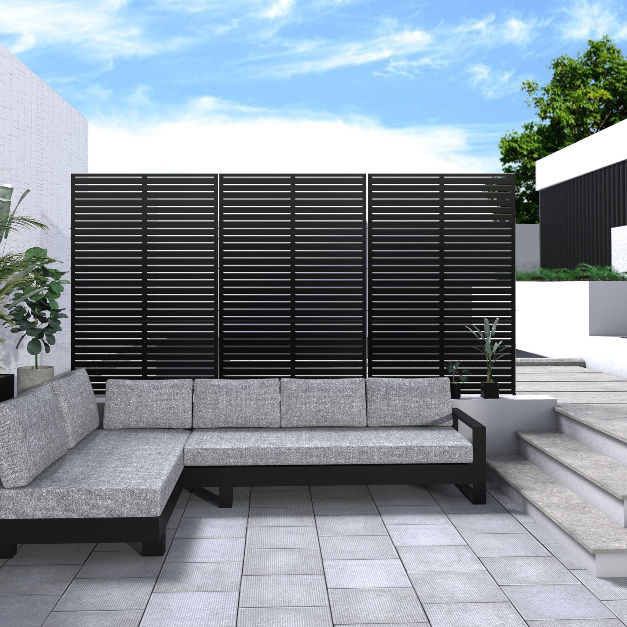 72"x47" Outdoor Privacy Screen with Stand Metal Balcony Decorative Screen,Black