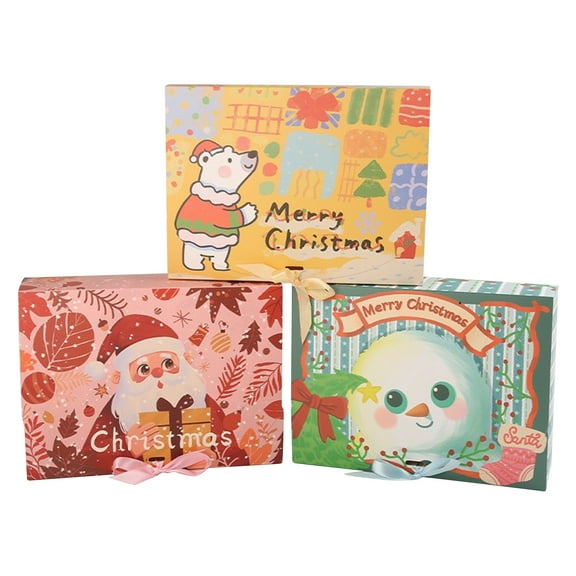 12 Packs Of Christmas Theme Pattern Gift Boxes With Lids, Foldable Gift Wrap Boxes With Ribbon Hard Cardboard (4 Pcs Per Style)