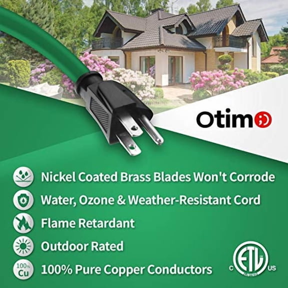 Otimo 100 Ft 16/3 SJTW Green, Outdoor Extension Cord - 3 Prong Ground Plug, 10A 1250W, Water & Weather Resistant, Flame Retardant