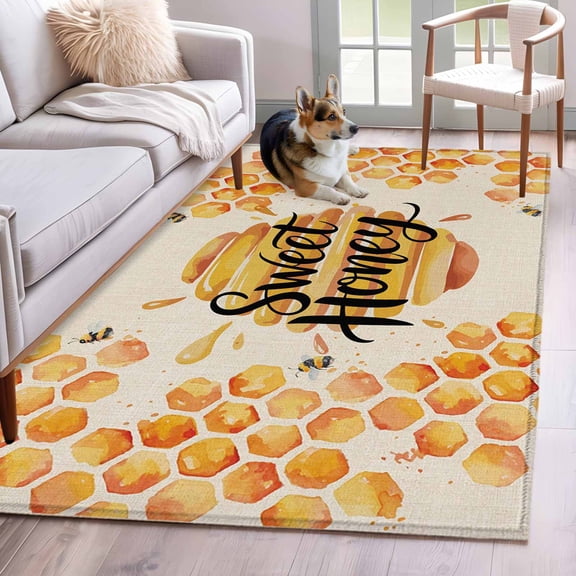 Spring Honey Bee Area Rugs 2.7'x5', Washable Small Throw Rugs for Kitchen Bedroom, Watercolor Bee Farmhouse Indoor Outdoor Rug Non-Slip Low Pile Carpet Runner Reversible Floor Mats