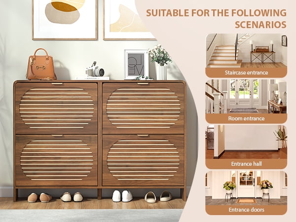 Wirrytor Walnut Curved Oval 4 Flip Drawer Shoe Cabinet, Farmhouse Stripe Pattern Shoe Storage Organizer, Adjustable Shelves Narrow Entryway Shoe Rack With Anti-Tipping Device For Hallway