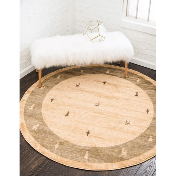 Rugs.com Kashkuli Gabbeh Collection Rug – 8' Round Tan Medium Rug Perfect For Kitchens, Dining Rooms