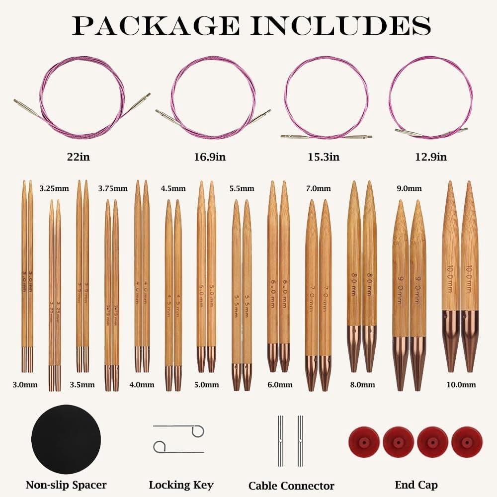 Yarniss Bamboo Circular Knitting Needle with Case,13 Pair Interchangeable Knitting Needles with Flexible Cables 3.5mm~10.0mm, 4-Inch Round Knitting Needle US Size 2.5~15
