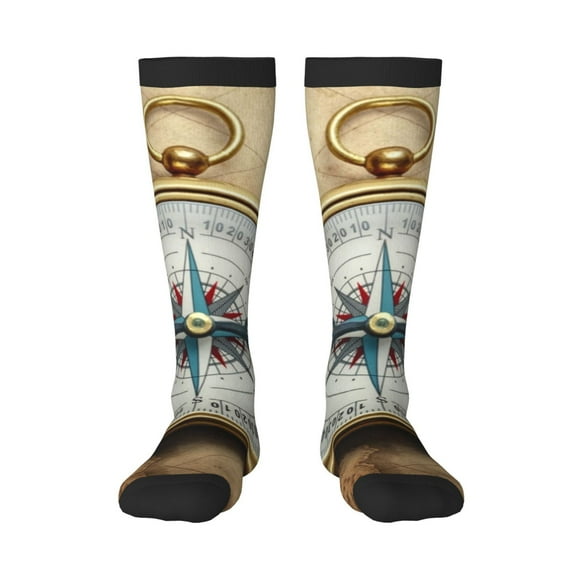 Gaeub Magnetic Old Compass On World Map Print Design Socks Stretchy High Tube Socks for Men Women Teens , Softball Soccer Socks for Hiking, Sport