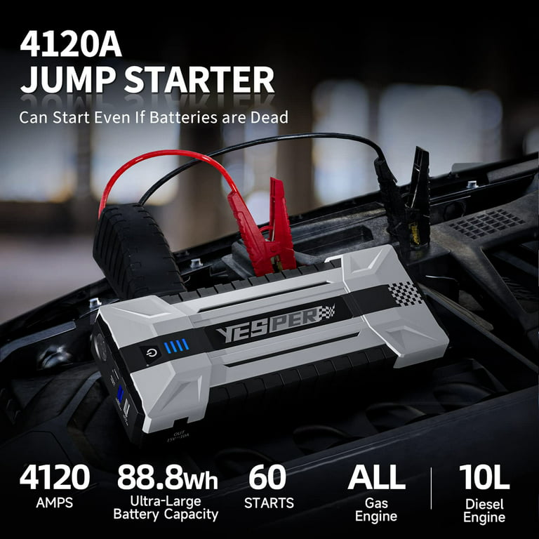 YESPER Battery Jump Starter - 4120A Peak Portable Car Starter (All Gas, up  to 10.0L Diesel Engine), Auto Battery Booster Pack,Jump Box, DSLI Safe Tech