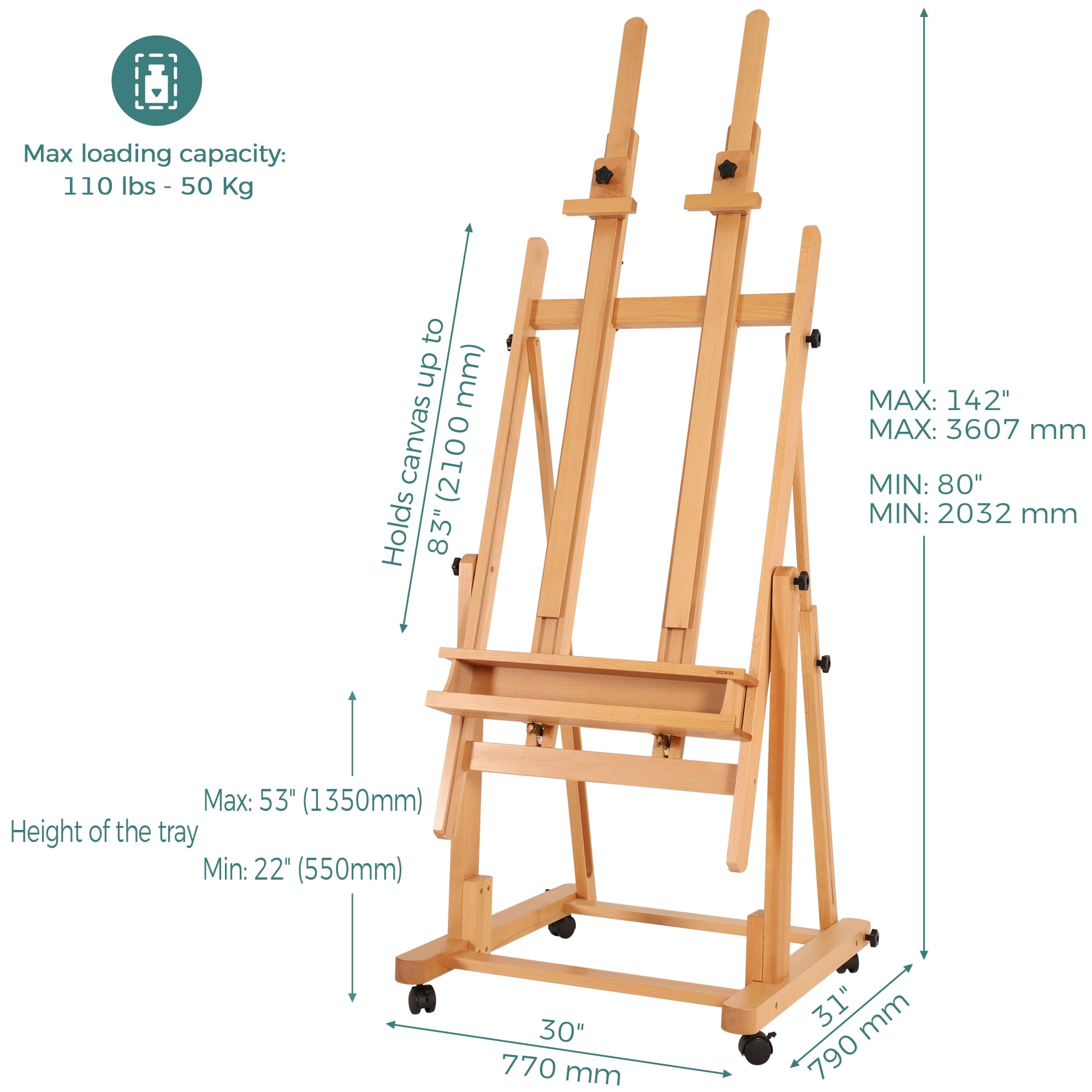 VISWIN Double Mast Extra Large Wood H-Frame Easel,Hold Canvas up to 83"-Natural