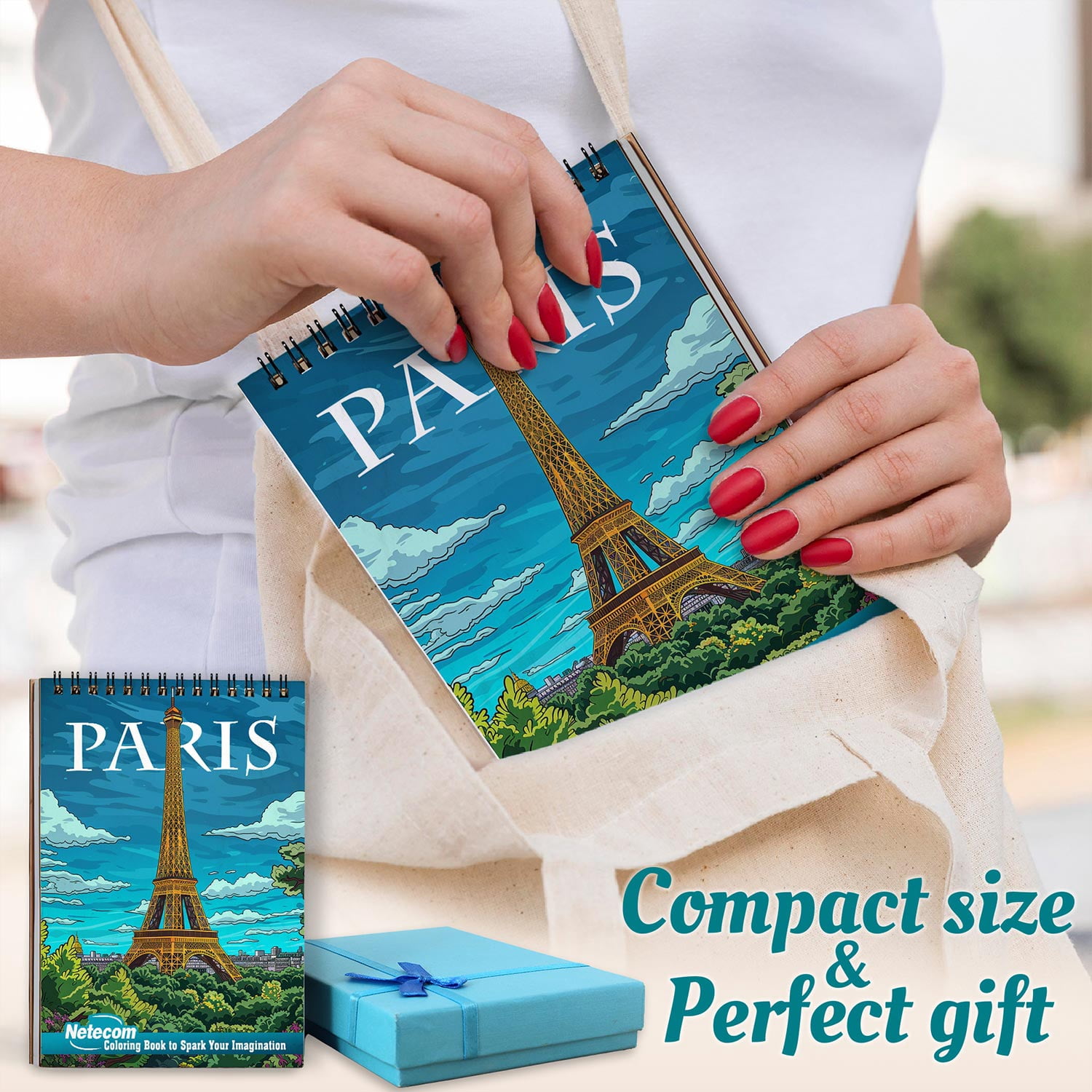 Netecom Paris Coloring Book Spiral Bound for Adults, A5 Wooden Cover, 30 Beautiful Coloring Pages of Iconic Landmarks and Beautiful City Landscape for Stress Relief and Relaxation
